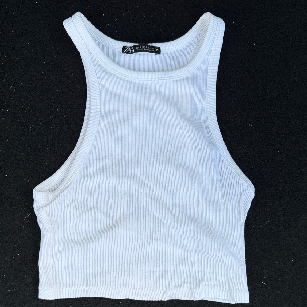 ZARA White Ribbed Racerback Tank Top